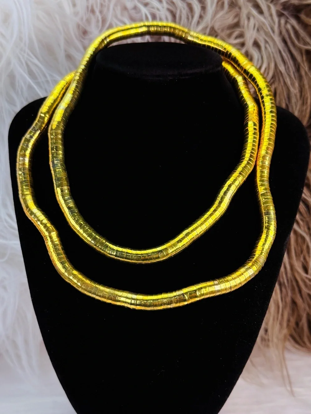 Gold Tone Flexible Segmented Tubular Long Moldable Statement Necklace